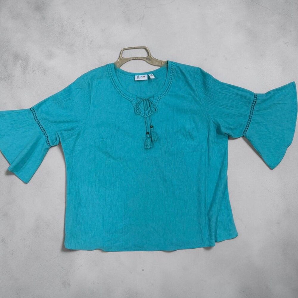 d&co Denim & Company Women’s 1X Turquoise Boho Peasant Blouse - Picture 10 of 12
